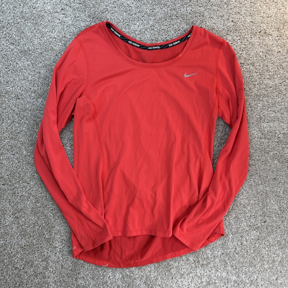 Nike Dri-FIT Shirt Womens Small Red Long Sleeve Crew Neck Running Workout Top